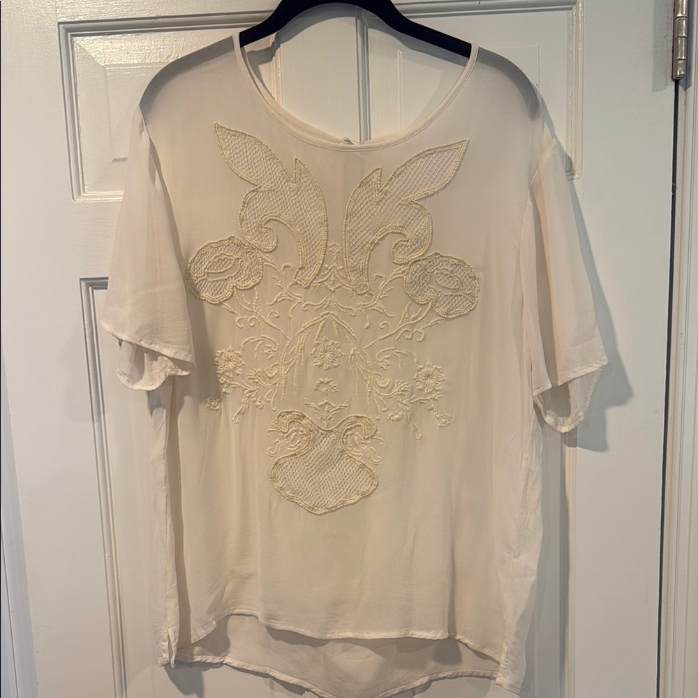 Cream Boxy beaded sheer Short Sleeve Blouse hippy boho large